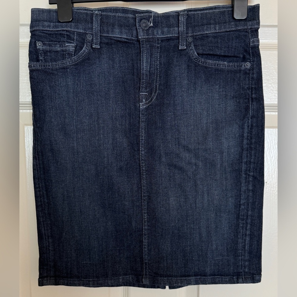 7 For All Mankind Denim Mini Skirt 29 Dark Blue Stretch Pencil Back Vent